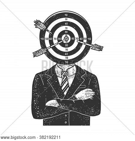 Aim Target With Arrows Head Businessman Sketch Engraving Vector Illustration. T-shirt Apparel Print 