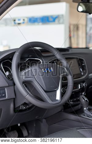 Russia, Izhevsk - August 14, 2020: Geely Showroom. Interior Of New Modern Car Geely Atlas With Manua