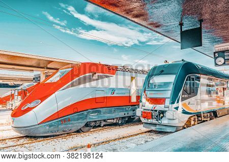 Venice, Italy - May 13, 2017 : Modern High-speed Passenger Train Stand On Main Railways Station Veni