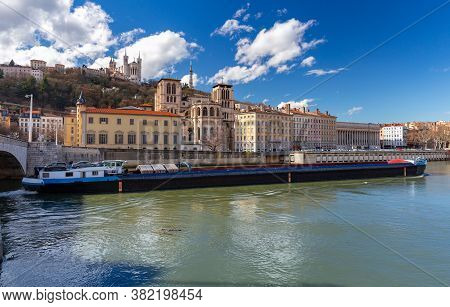 The City Embankment Along The Saone River On A Sunny Day. Lyon. France.