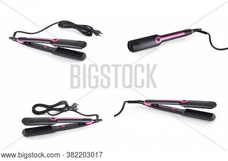 Electric Hair Styler With Ceramic Plates And Ripple Effect On White Background, Isolate, Cosmetology