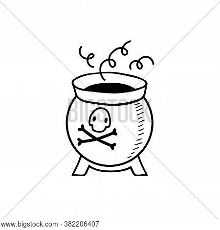 Halloween Doodle Caldron With The Poisonous Potion. Spooky And Fun Hand Drawn Vector Icon. Halloween