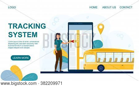 Mobile Tracking System Web Page Template For Public Transport Showing A Woman And Bus, Colored Vecto