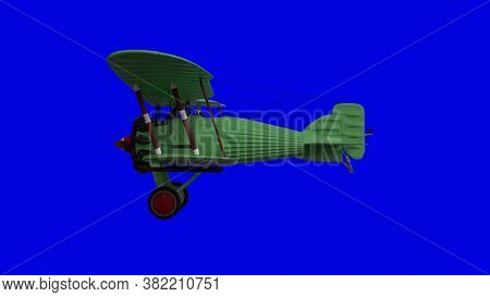 Old Propeller Biplane Airplane. Side View. Blue Screen Background. 3d Rendering