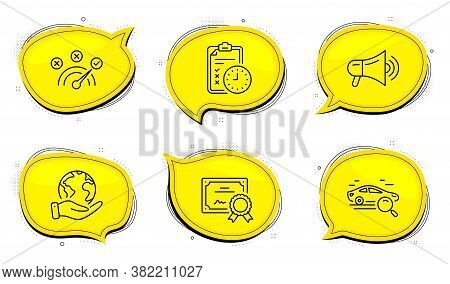 Exam Time Sign. Diploma Certificate, Save Planet Chat Bubbles. Correct Answer, Search Car And Megaph