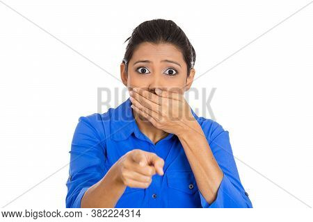 Closeup Portrait Of A Young Woman Pointing With Index Finger Stunned Dumbstruck Dumbfounded Looking 