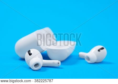 Rostov, Russia - July 06, 2020: Wireless Headphones Apple Airpods Pro In Opened Charging Case With A