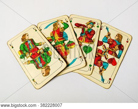 Bosnia And Herzegovina - April 18, 2020: Four Old Under Knave Cards From Deck Of Playing Cards With 
