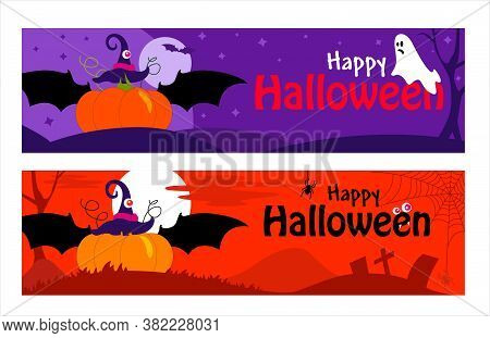 Happy Halloween concept vector banner on color background. Pumpkin, grave, cross, moon, flying bats and spider web in flat design. Charming Vector cartoon for web.
