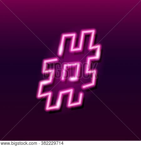 Neon Icon Of Hashtag Sign Or Musical Sharp On Gradient Background. Social Networks Or Music Concept.