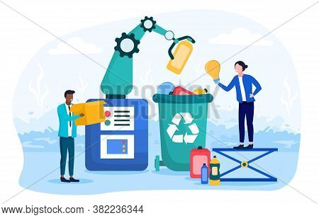 Garbage Disposal By Robot In Recycling Bin With People Bringing Household And Office Waste, Colored 