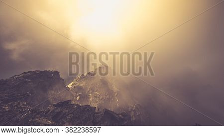 Misty Fagaras Mountains, Romania. Mist Over The Alps Of Transylvania.
