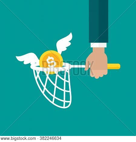 Butterfly Net And Golden Dollar Coin With Wings. Catch, Hunt, Chase Money Symbol.