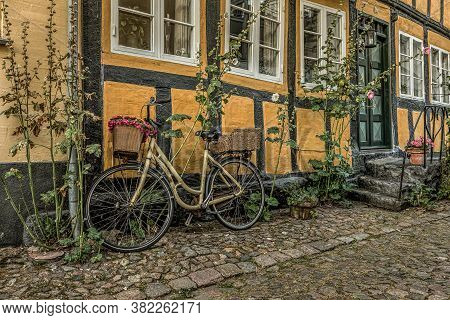 Yellow Bike Leaning Against A Yellow Half-timbered Wall With Hollyhocks, Faaborg, Denmark, August 17