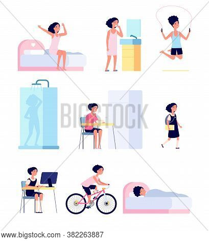 Girl Daily Routine. Cute Child Morning, Kid Every Day Activity Schedule. Cartoon Baby Playing, Doing