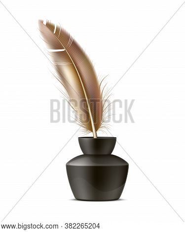 Vector Realistic Quill Pen In Inkpot, Feather Pen
