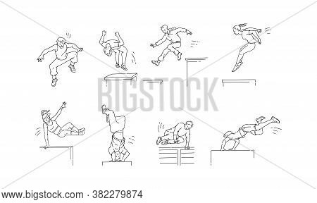 Parkour Moves Set - Cartoon People Jumping, Spinning And Doing Backflip