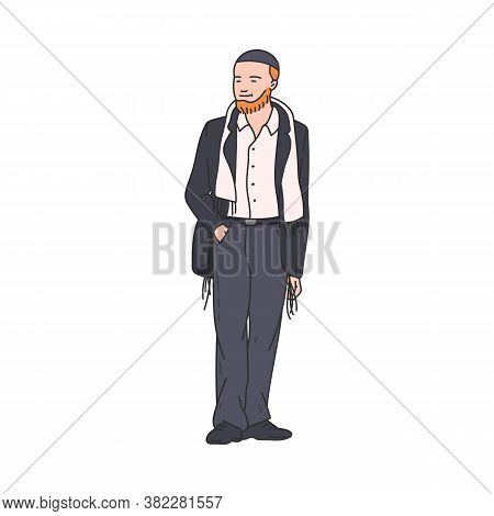 Young Religious Jewish Man Cartoon Character Sketch Vector Illustration Isolated.