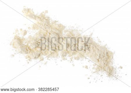 Pile Of Flour Isolated On White Background. Top View. Flat Lay