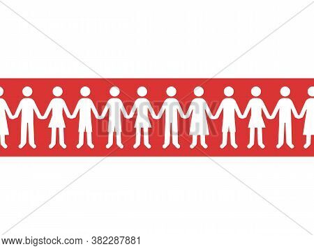 Chain Group Of People Hold Hands On Red-white Flag Of Revolution Belarus. Symbol Of Peaceful Protest