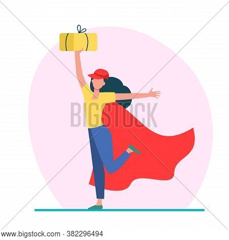 Cheerful Female Courier In Superhero Cape. Woman In Baseball Cap Holding Parcel Flat Vector Illustra