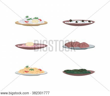 Worldwide Traditional Cuisine Flat Color Vector Object Set. National Food In Plates. Culinary And Na