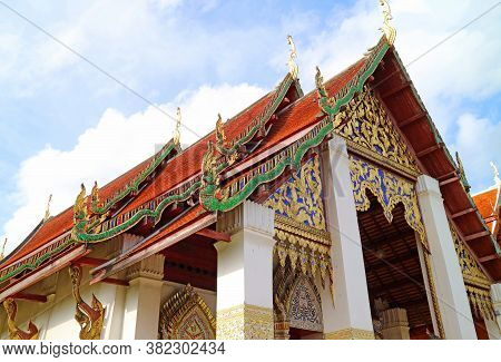 The Ornate Facade Of Viharn Of Wat Phra That Chang Kham Worawihan Temple, Historical Place In Nan Pr