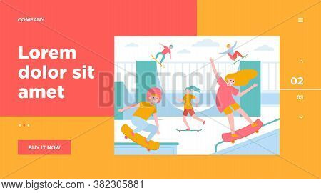 Fun Extreme Skateboard Park Flat Vector Illustration. Cartoon Teenagers Jumping And Doing Tricks Wit