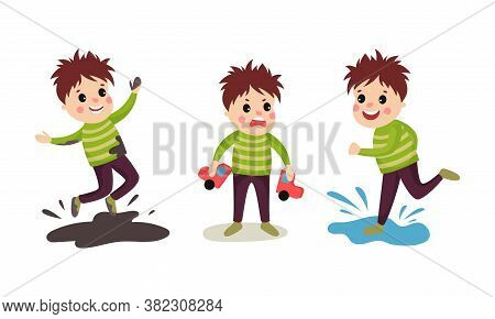 Naughty Boy Jumping In Puddle And Breaking Toy Car Vector Illustration Set