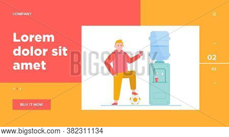 Football Player Drinking Water At Cooler. Male Athlete, Soccer, Sportsman Flat Vector Illustration. 