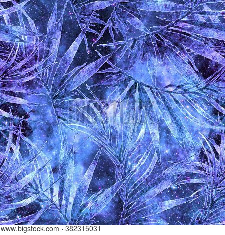Exotic Seamless Pattern. Blue Galaxy Background. Fashion Hand Drawn Texture. Exotic Seamless Pattern