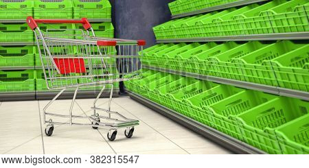 Empty shopping cart and empty fruit plastic crates on supermarket shelf. 3d illustration