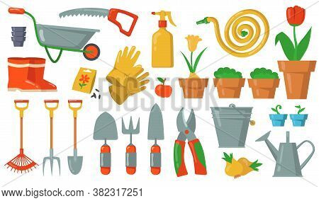 Garden Tools Set. Rake, Shovel, Bucket, Cutter, Fork, Gloves, Potted Plant, Cart, Hose, Gumboots Ill