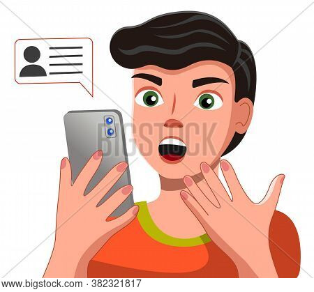 Handsome Young Man In Casual T-shirt Talking On The Smartphone With Chat Bubble Vector Illustration 