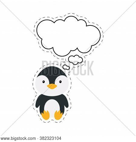 Cute Cartoon Penguin With Speech Bubble Sticker. Kawaii Character On White Background. Cartoon Sitti