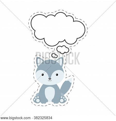 Cute Cartoon Wolf With Speech Bubble Sticker. Kawaii Character On White Background. Cartoon Sitting 