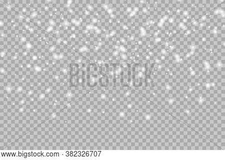 Vector Falling Snow Overlay. Realistic Shining Snowfall Background For Christmas Banner Of Winter Co