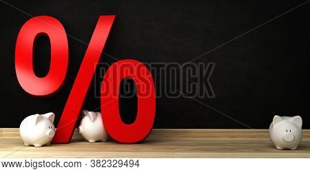 Small Piggy Bank With Percentage Oaks As Discount Conzept, 3d Rendering