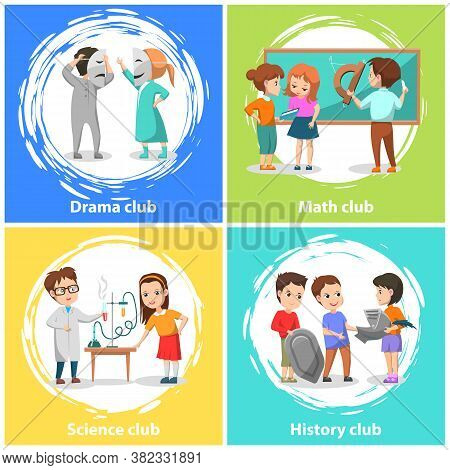 Drama And Math Club Vector, Back To School Concept. Flat Cartoon Of History And Science Lessons Of C