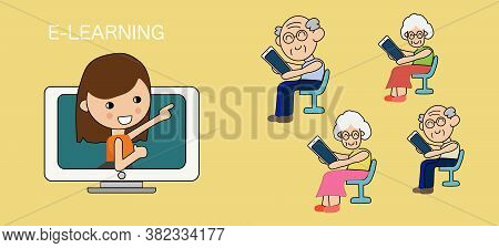 Old Man & Old Woman Learning Using Smartphone. Online Courses.
Flat Vector Character Illustration
