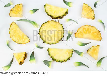 Seamless Pattern Single Whole Pineapple And Pineapple Leaves Isolated On White Background. Summer Fr
