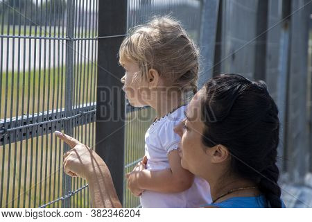A Woman And A Child Look Into The Distance Through A Fence With A Small Net, The Mother Points At So