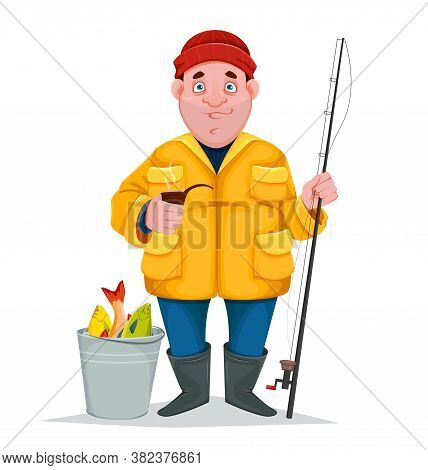 Cheerful Fisherman With Smoking Pipe And Caught Fish, Funny Cartoon Character. Vector Illustration I