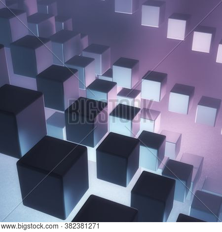 Abstract shape made with cubes in neon light duotone colors. Energy and show background. 3D render