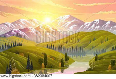 Picturesque Sunrise Or Sunset In The Mountains. Meadows, Forests, Conifers And Deciduous Trees. Moun