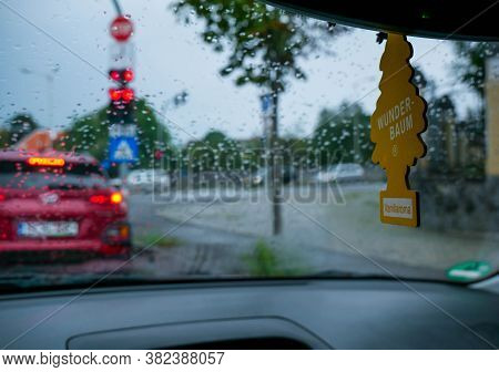 Miercurea Ciuc, Romania- 25 August 2020: Hanging Wunder Baum Air Freshener On Focus, Cars Waiting Fo