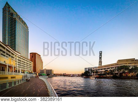 Skyscrapers In Tampa Riverwalk At Sunset. Florida, Usa