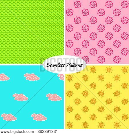 Set Of Colorful Vibrant Seamless Patterns. Abstract, Floral And Clouds Pattern Design. Vector Illust