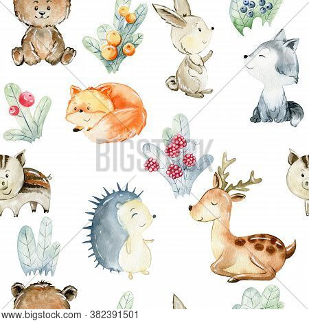 Watercolor Seamless Pattern With Animals And Berry Bushes. Cute Cartoon Characters.