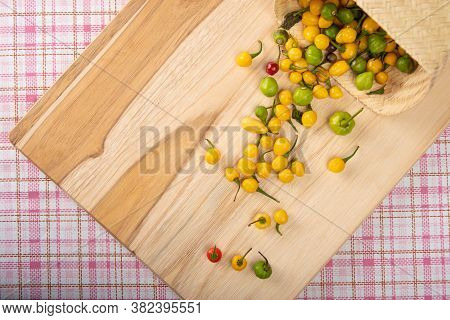 Colored Peppers Fallen From A Basket On A Table, Top View.